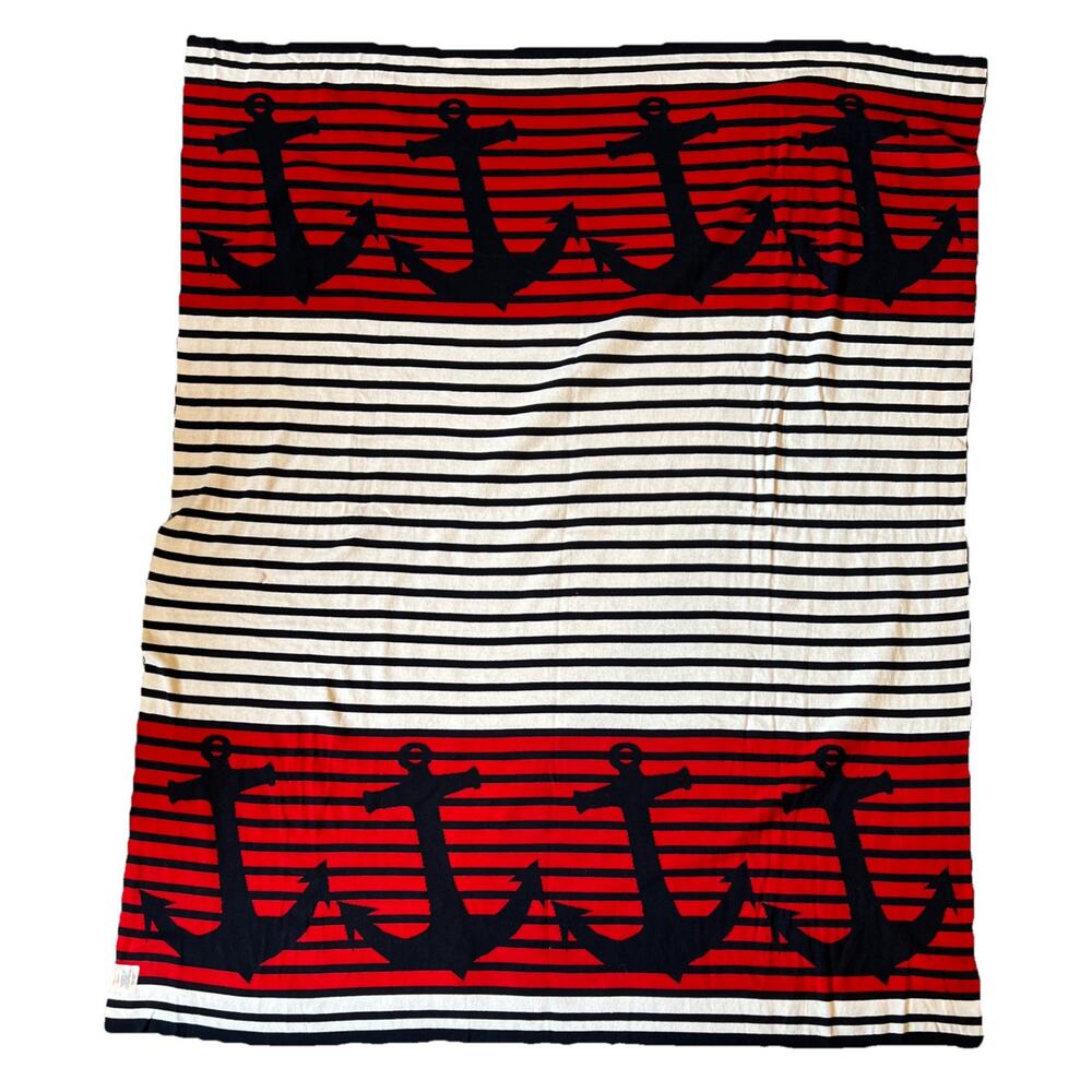 Nautical Throw Blanket 50x60 Knit Red White Blue Stripe Anchor Coastal Beach NEW